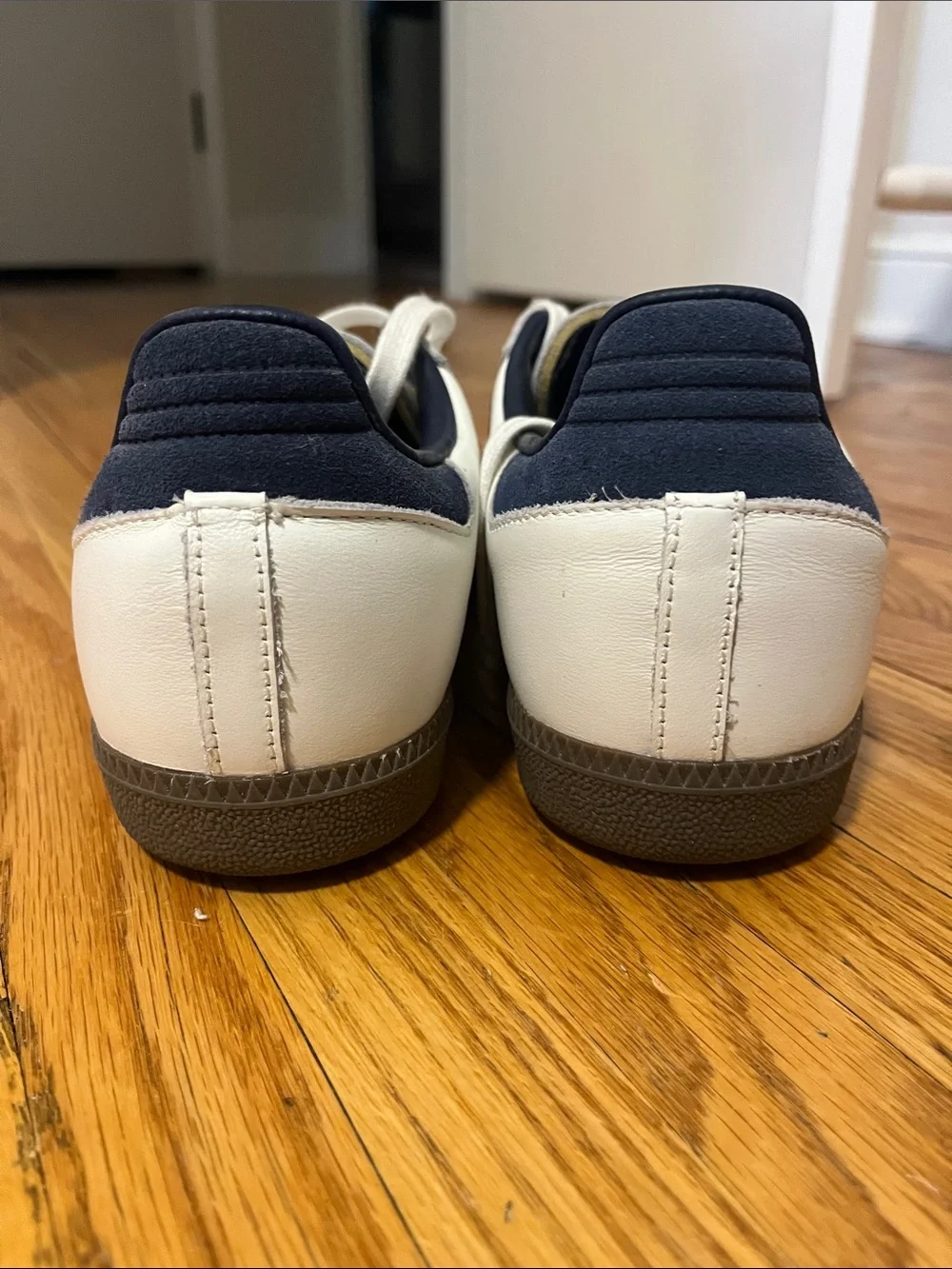 adidas White Leather Samba Sneakers with Red Stripes and Navy Collar